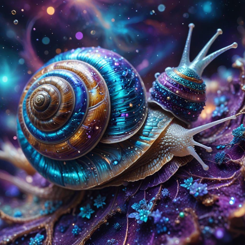 Cosmic Snail with Iridescent Shell in Astral Nebula