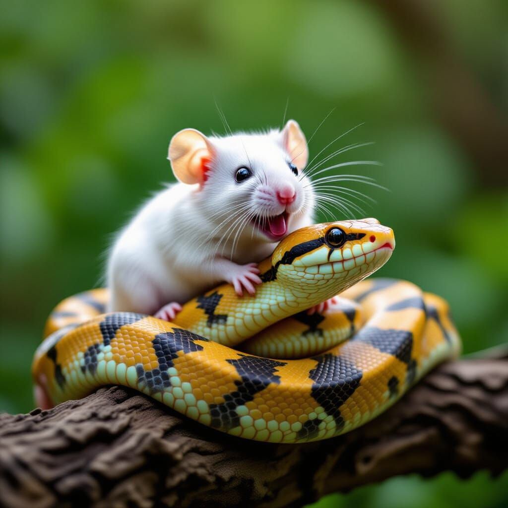 White Mouse Rides Snake in Paradise, Friends Laughing