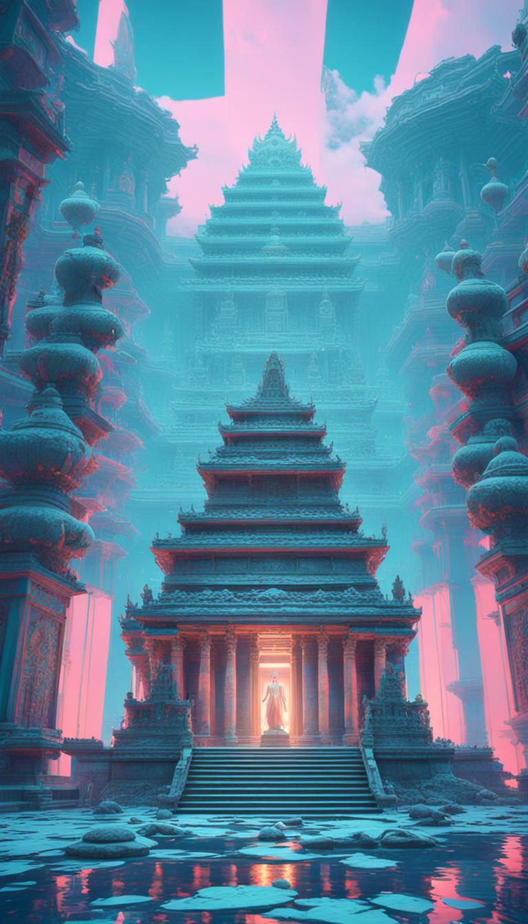 Vaporwave Temple with Floating Artifacts