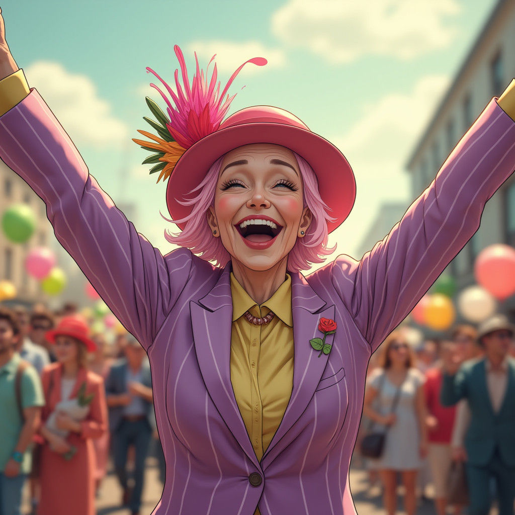 Jovial Woman Celebrates at Colorful Parade, Anime Style