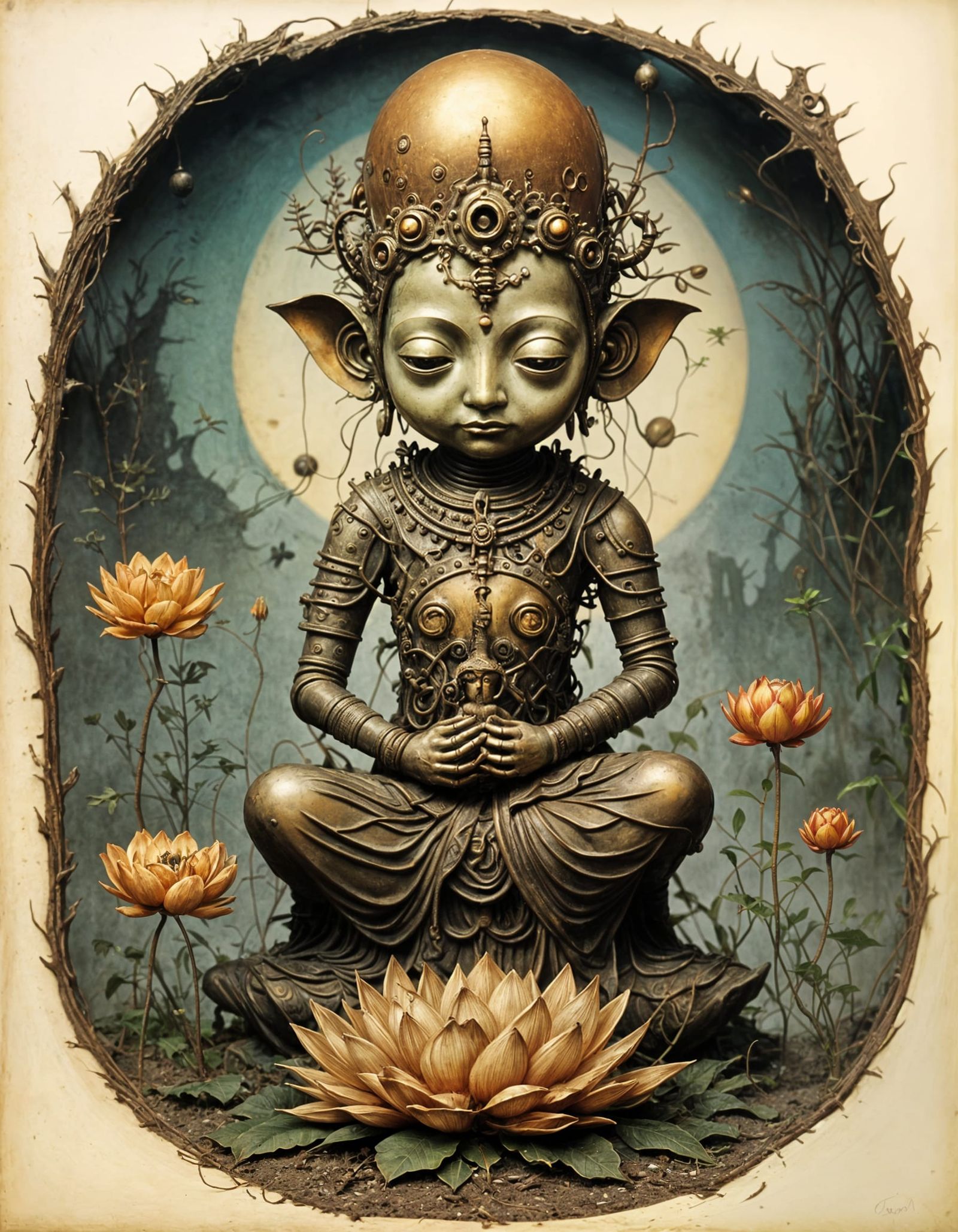 Steampunk Robot Buddha with Lotus Flowers