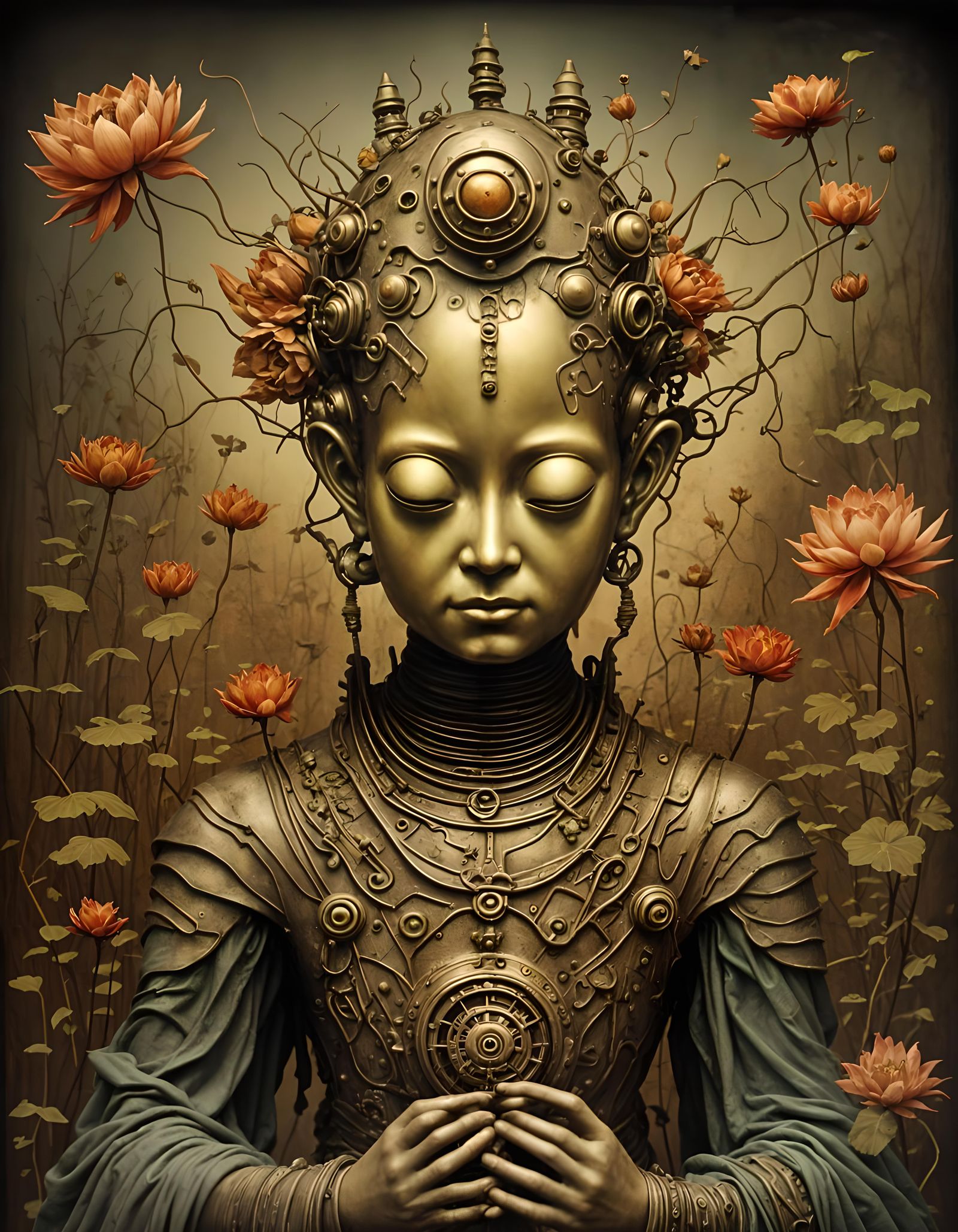 Steampunk Robot Buddha with Lotus Flowers