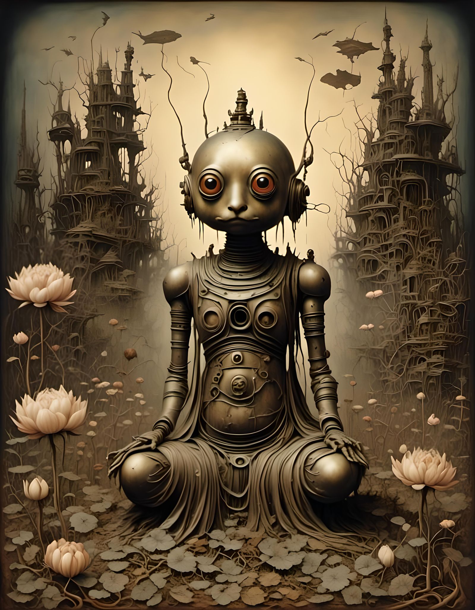 Steampunk Robot Buddha with Lotus Flowers
