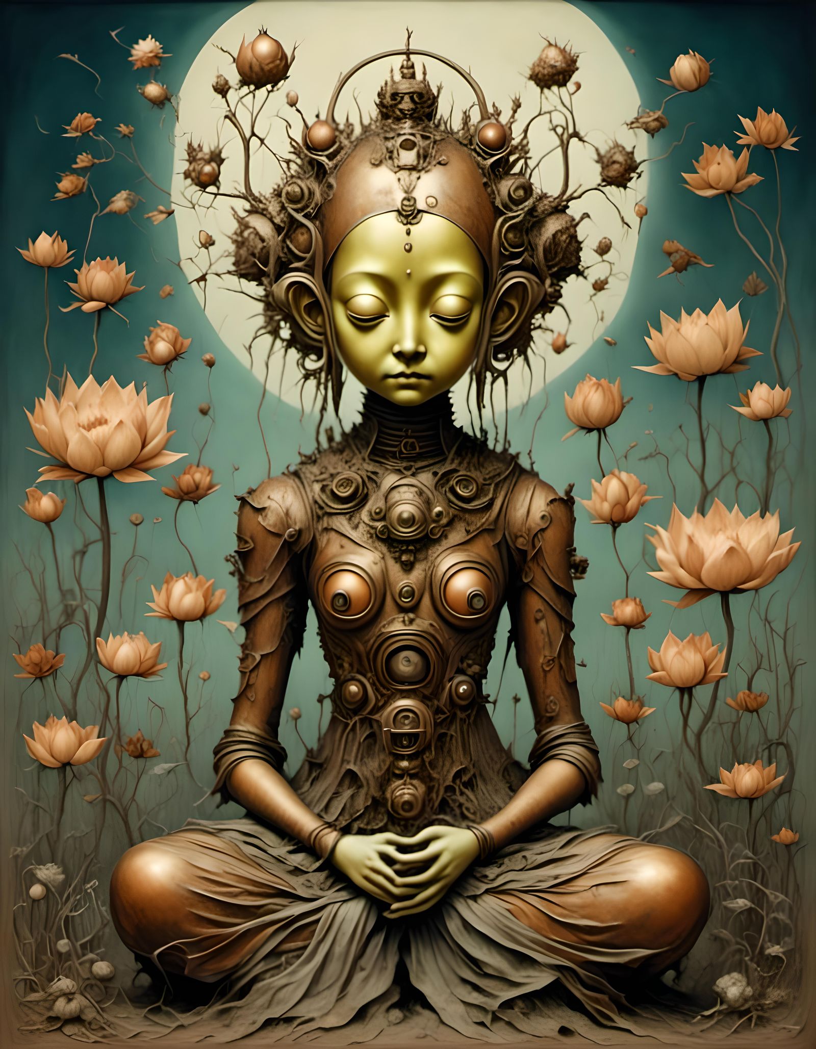 Steampunk Robot Buddha in Surreal Style