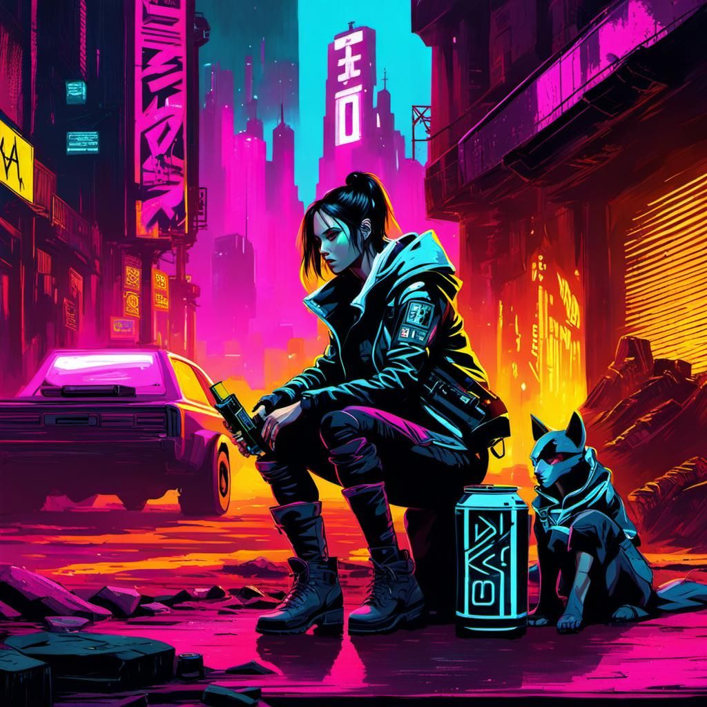 Cyberpunk Mining Town: Graffiti Girl in Neon Wasteland