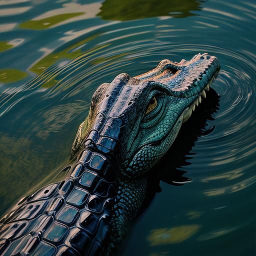Florida alligator poking its head out of the glossy Everglad...