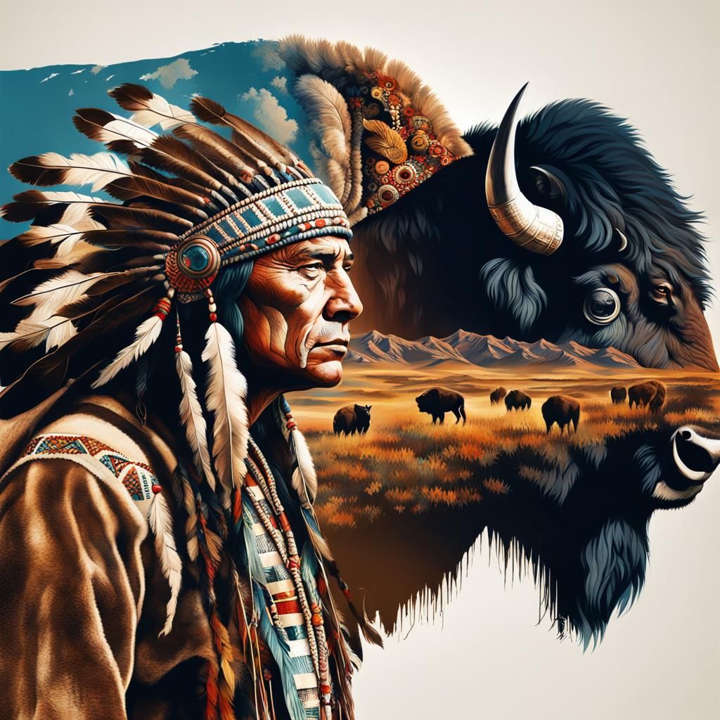 Native American and Bison Double Exposure Photography