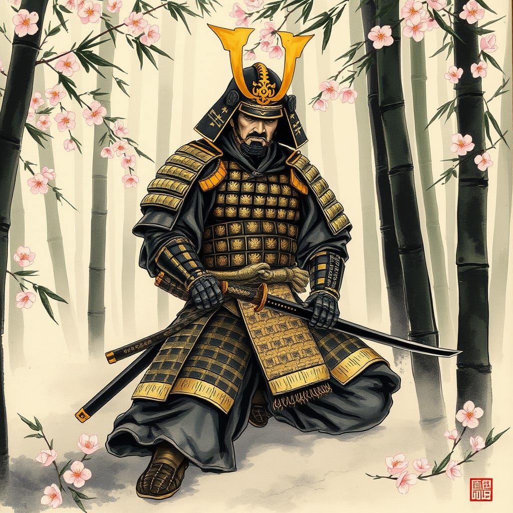 Samurai Kneeling in Bamboo Forest with Cherry Blossoms