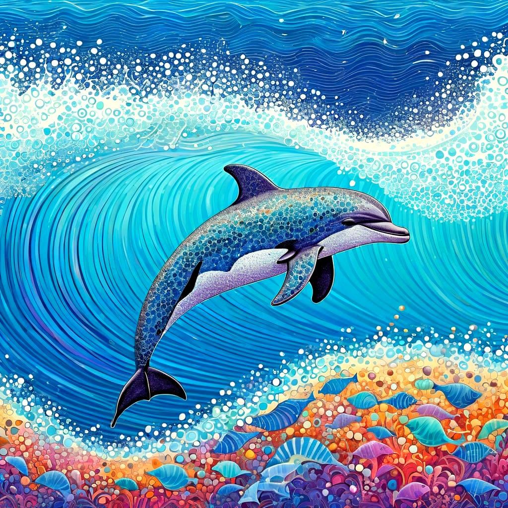 Vibrant Dolphin in Shelly Beach Scene, Exaggerated Pointilli...