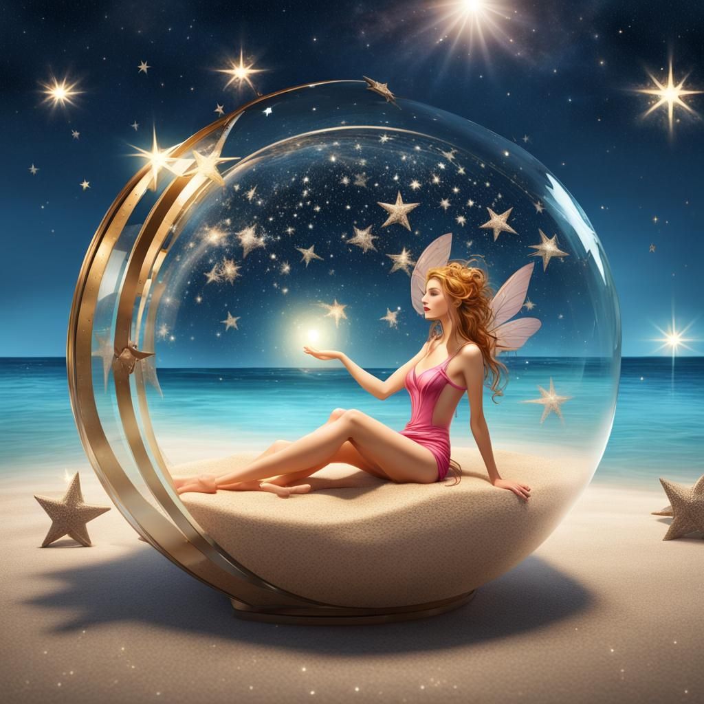 Fairy Suntanning on Artificial Beach in Space
