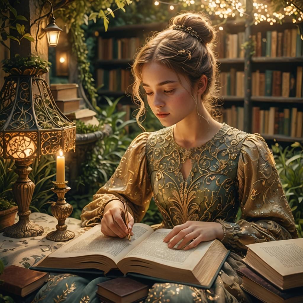 Girl Reading in Moonlit Garden: Matte Painting