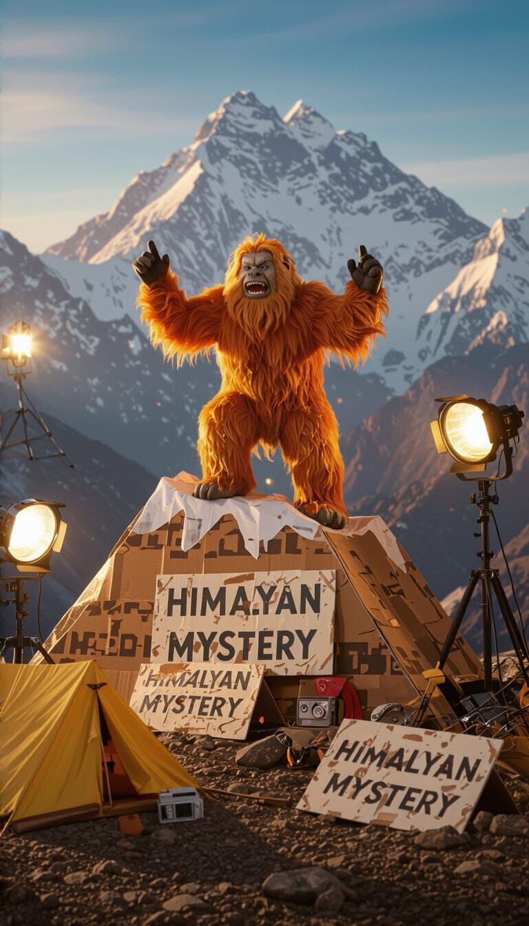 Triumphant Yeti on Cardboard Mountain in 1970s Style