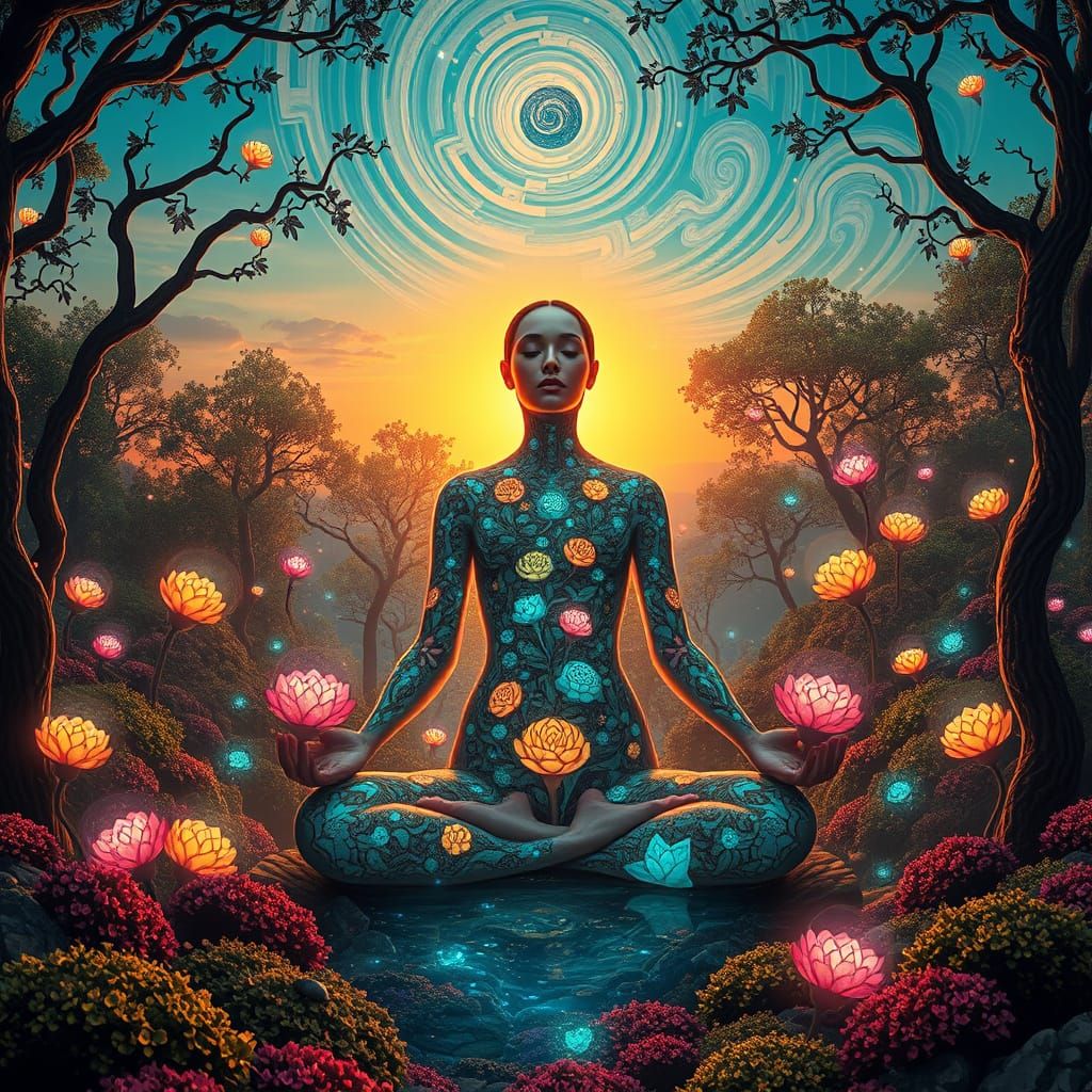 Dreamlike Goddess in Whimsical Labyrinth of Light