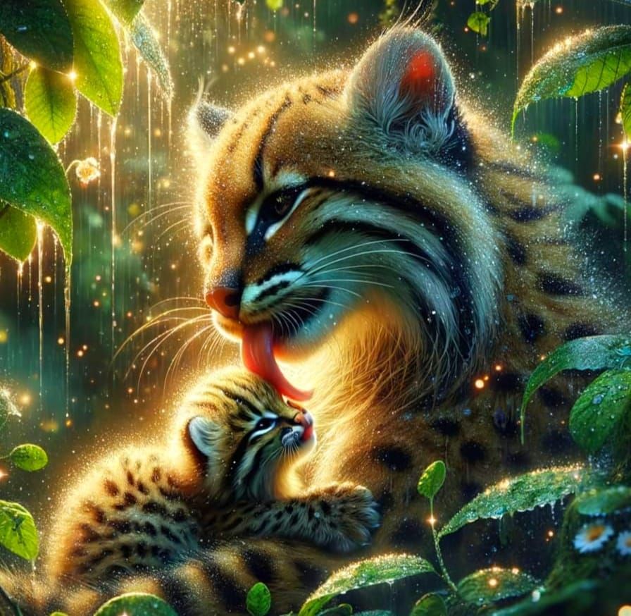 Ocelot Mother's Love in Dreamy Rainforest Twilight