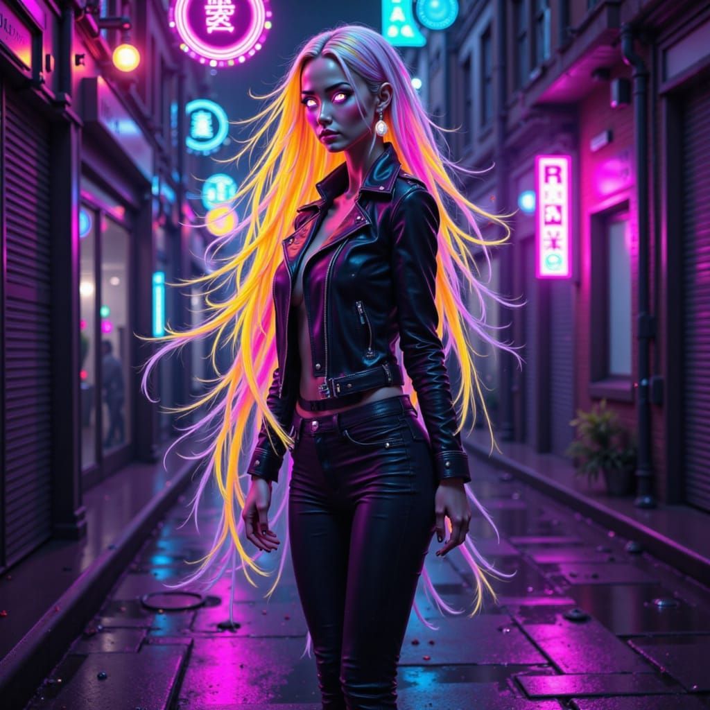 Neon-Haired Woman in Cyberpunk Cityscape