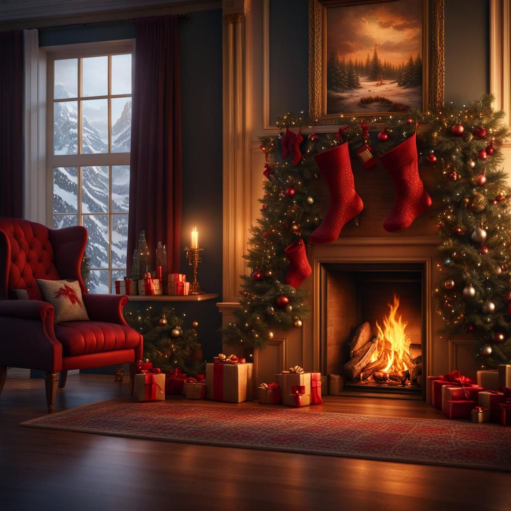 Hyperrealistic Christmas Tree by Fireplace in Detailed Matte...