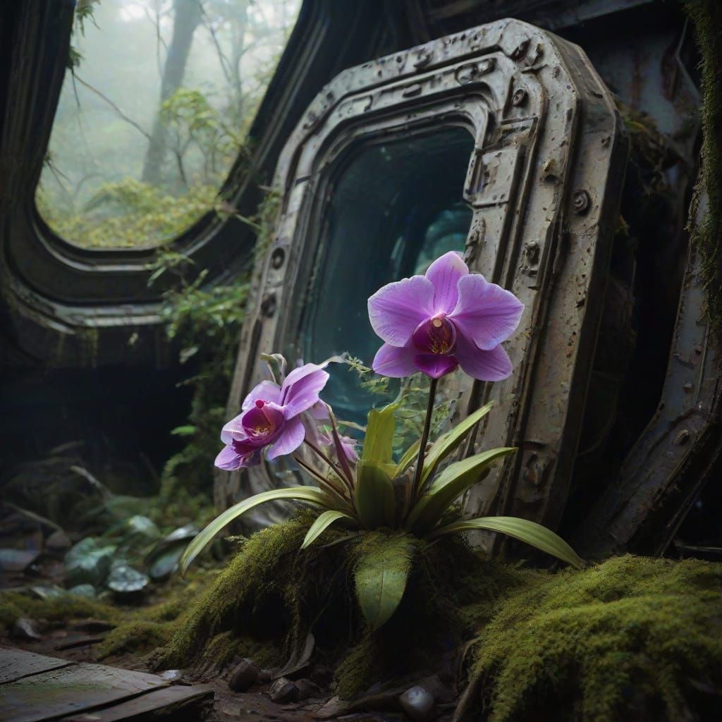 Orchid Blooms in Crashed Spaceship: Matte Painting