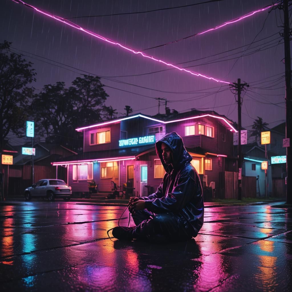 Synthwave Person with Glowing Strings on Rainy Road