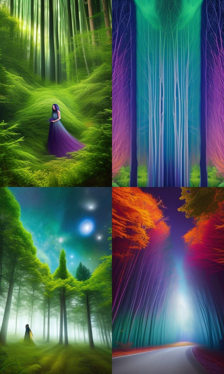 Woman Transforming into Trees: Astrophotography Color Illust...