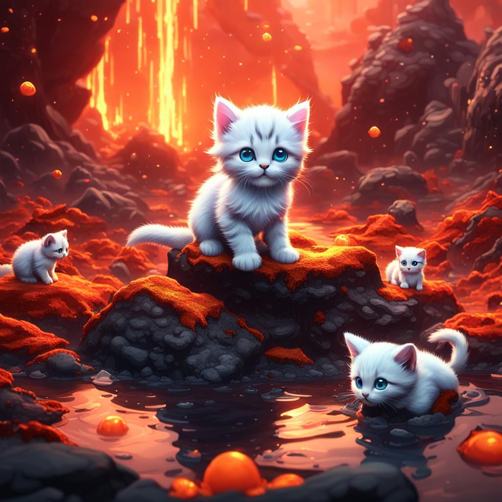 Cute Kitten in Lava Pond: Anime Fantasy Art