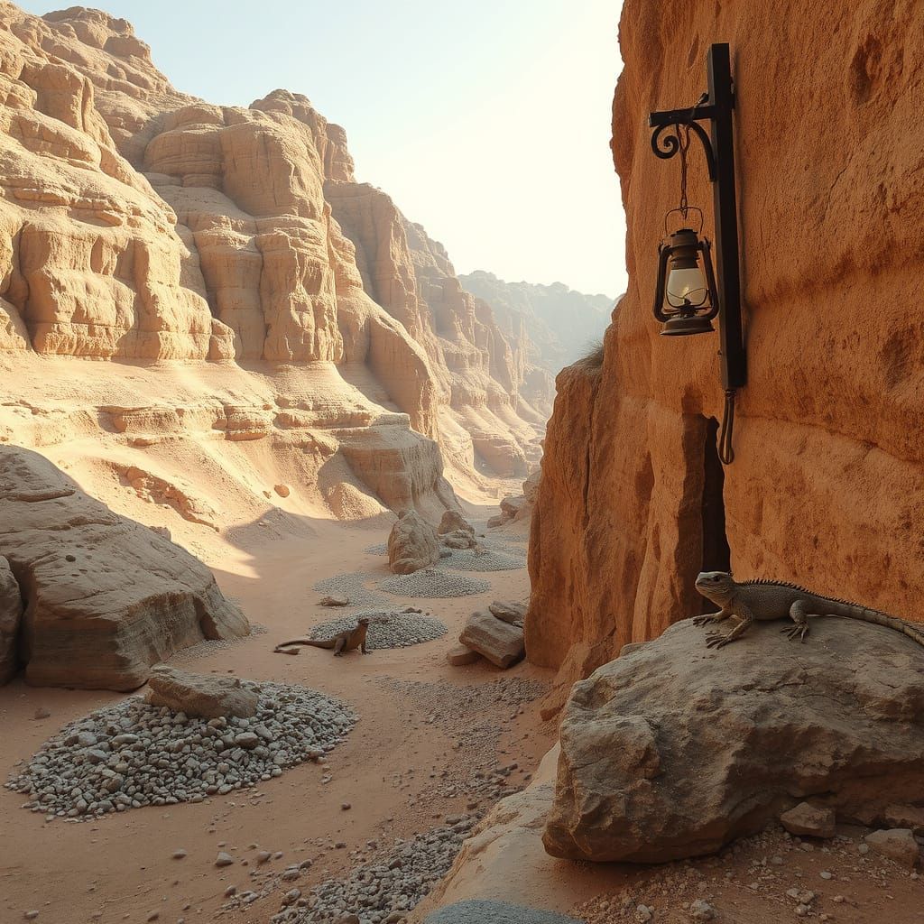 Eroded Rock Formations Towering Over a Dry Valley in a Deser...