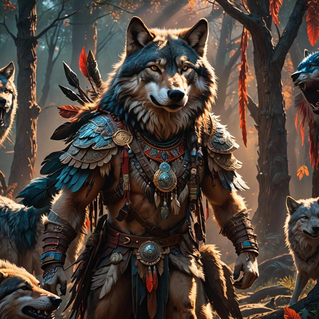 Native Wolf Warrior: Epic Digital Painting