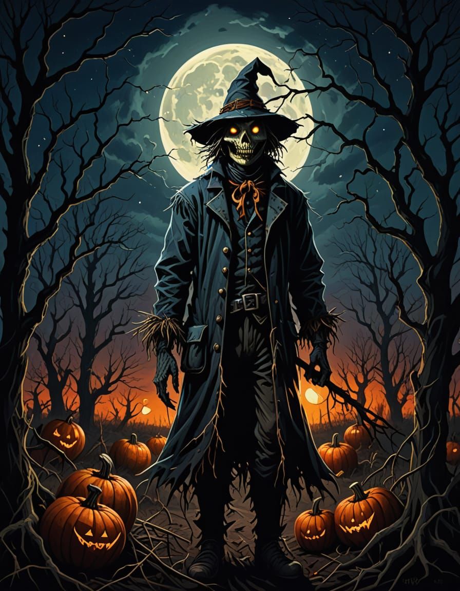 Evil Scarecrow Overlooking Haunted Harvest in Dark Fantasy S...