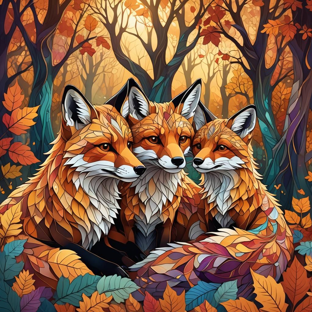 Fox Family Snuggling in Abstract Autumn Forest
