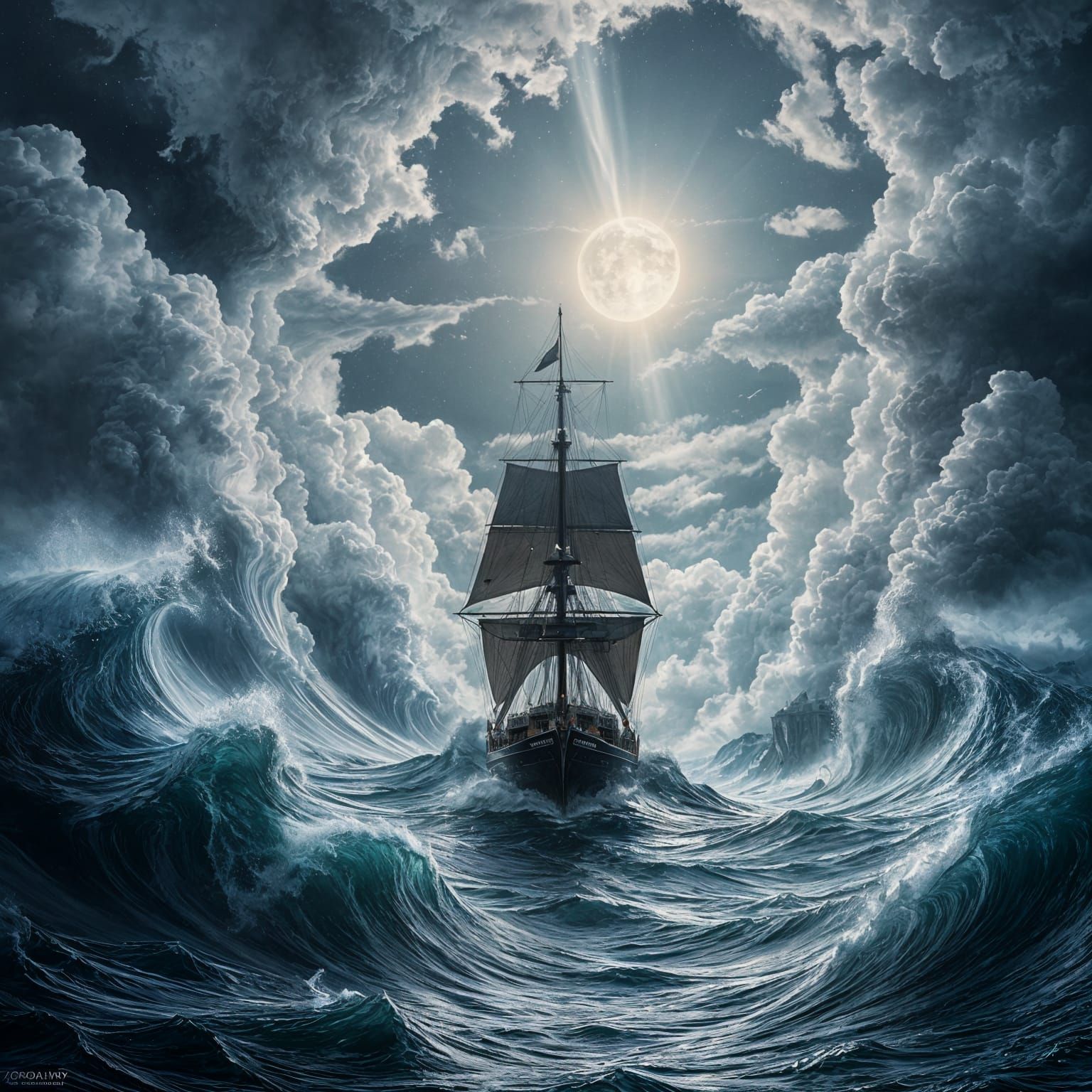 Ship Battles Stormy Sea in Gothic Cathedral Waves