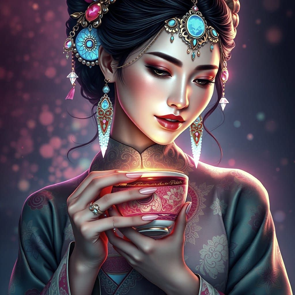 Ethereal Fantasy Portrait of a Woman in Vibrant Oriental Att...