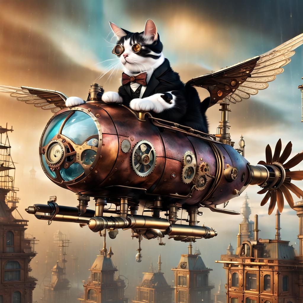 Steampunk Cat Flying an Aircraft