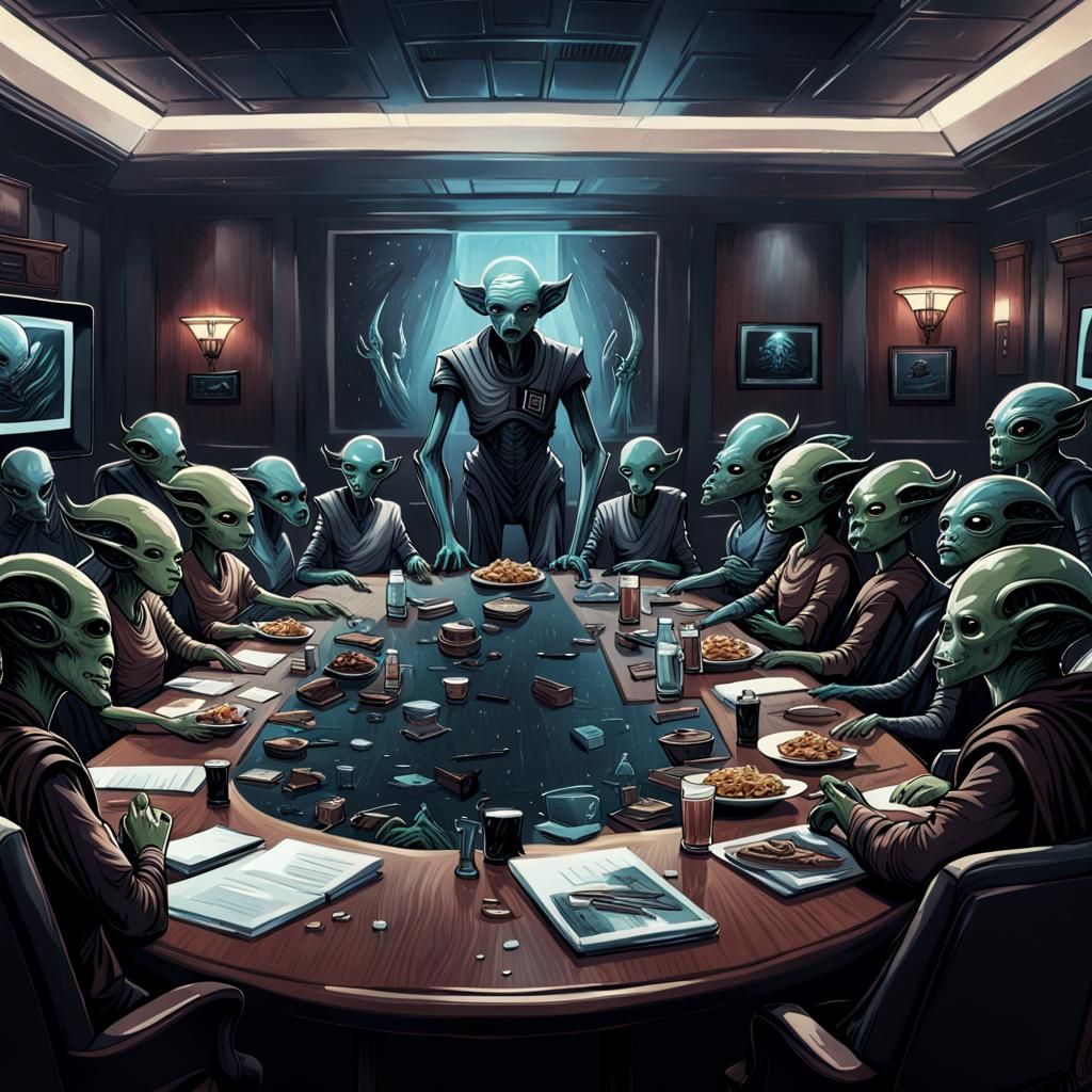 Alien Feast in Boardroom: A Digital Masterpiece