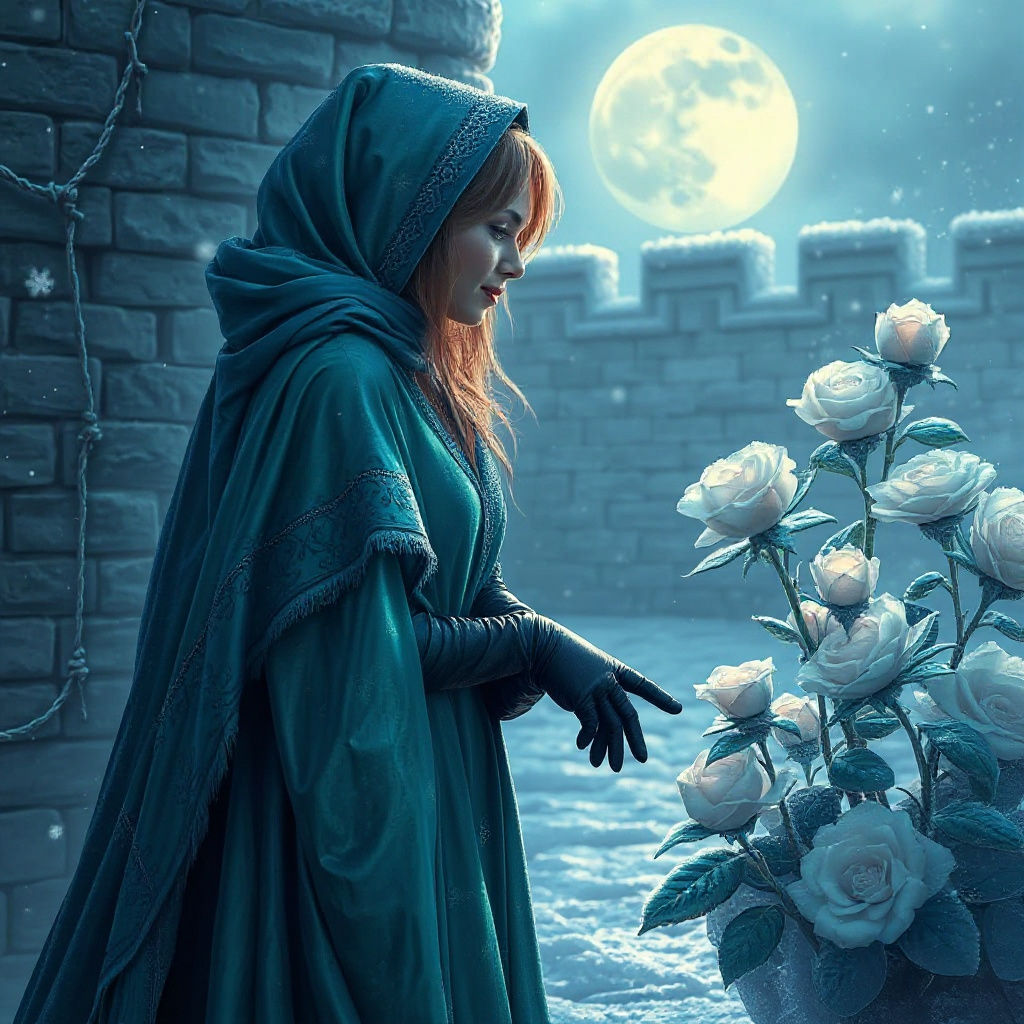 Enchantress Approaches Shimmering Ice Roses in Frozen Castle...
