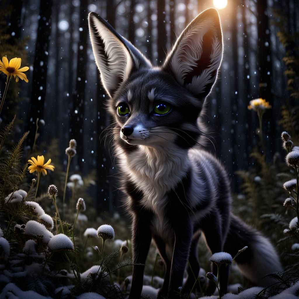 Fennec Fox in Eerie Forest with Incandescent Flowers