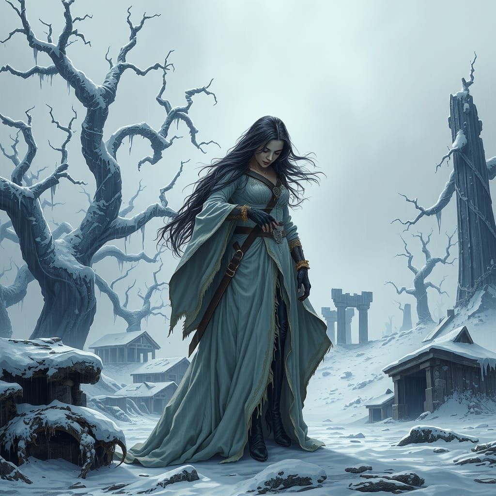 Woman Warrior Shields Girl in Apocalyptic Winter