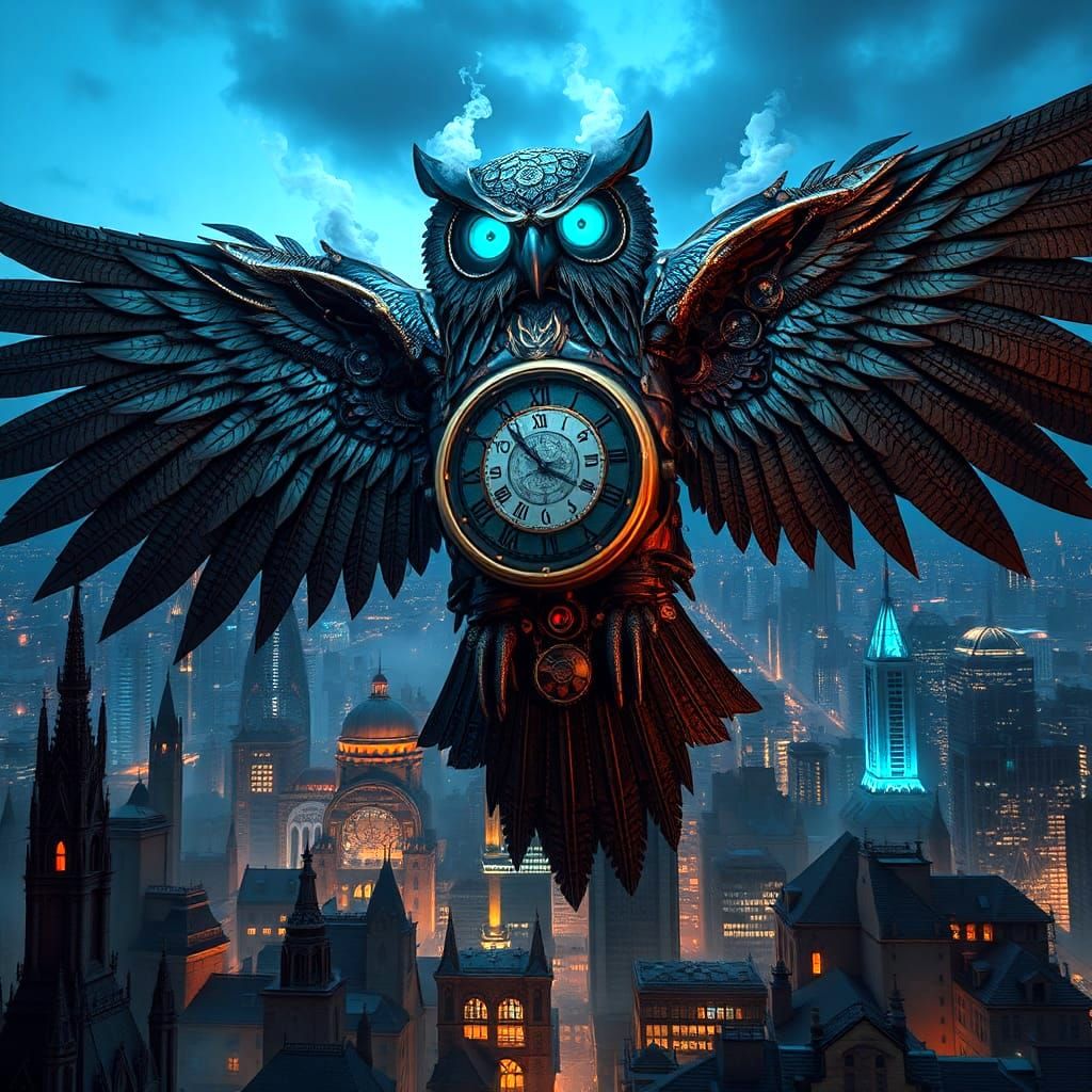 Clockwork Owl Soars Over Dystopian Cityscape