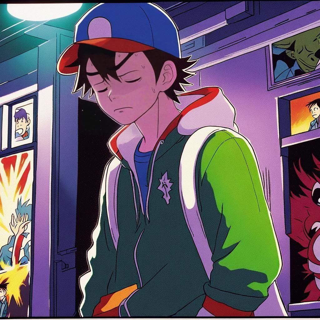 Sad Anime Pokemon Trainer in Cel-Shaded Style