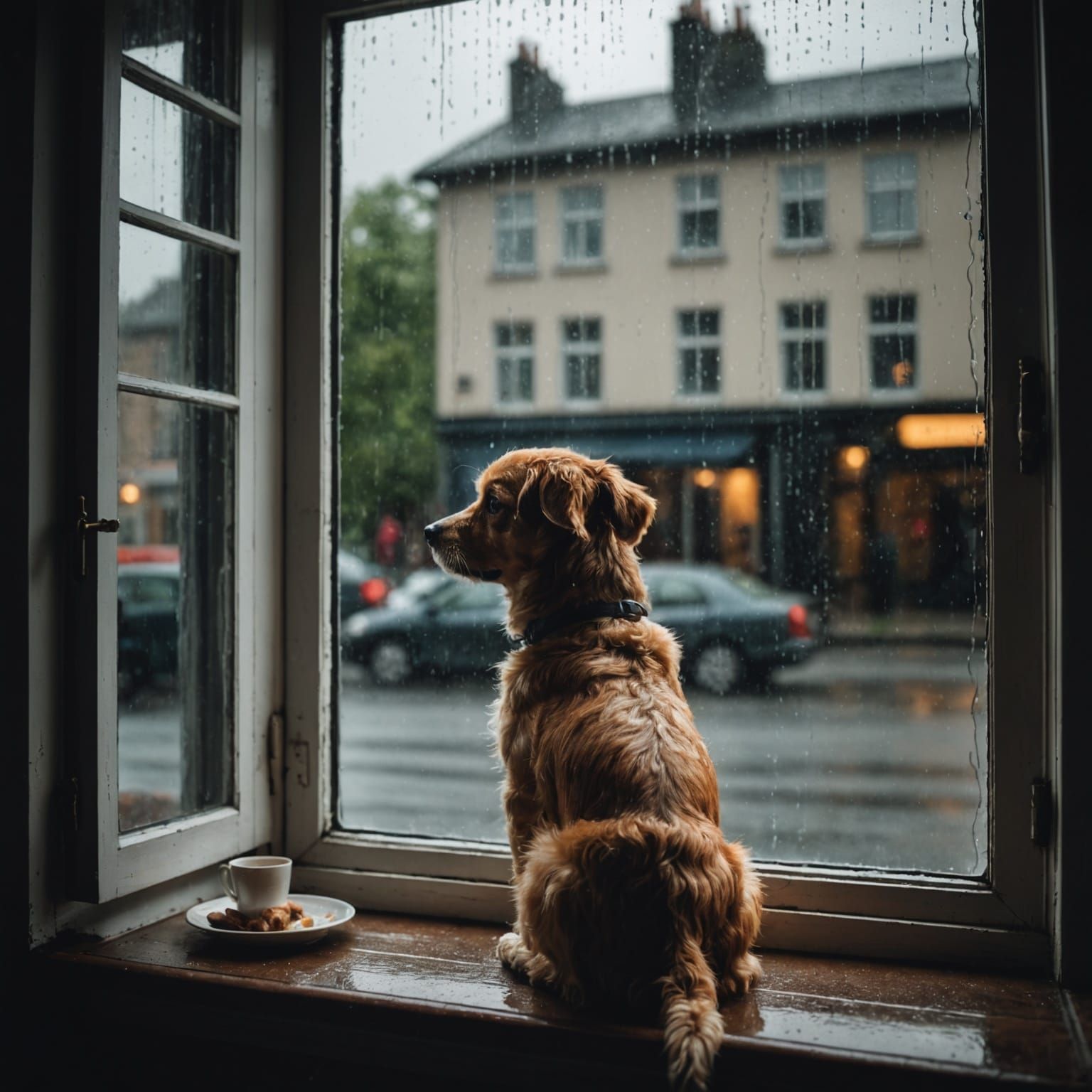 Dog Waiting at Window in Rainy, Moody Scene