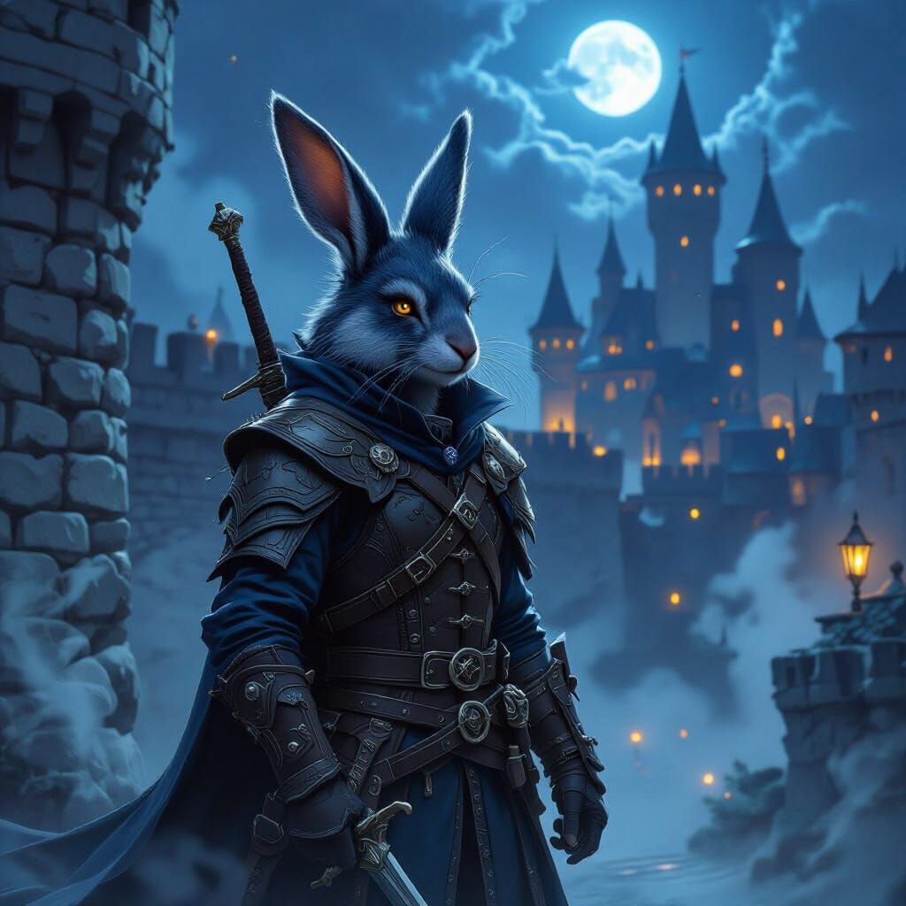 Harengon Swashbuckler in Dreamy Cityscape