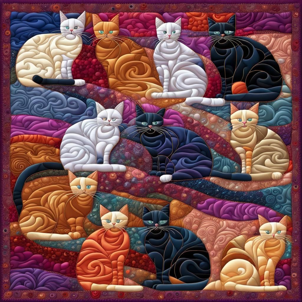 Multicolored Quilt of Cats with Abstract Fractal Design
