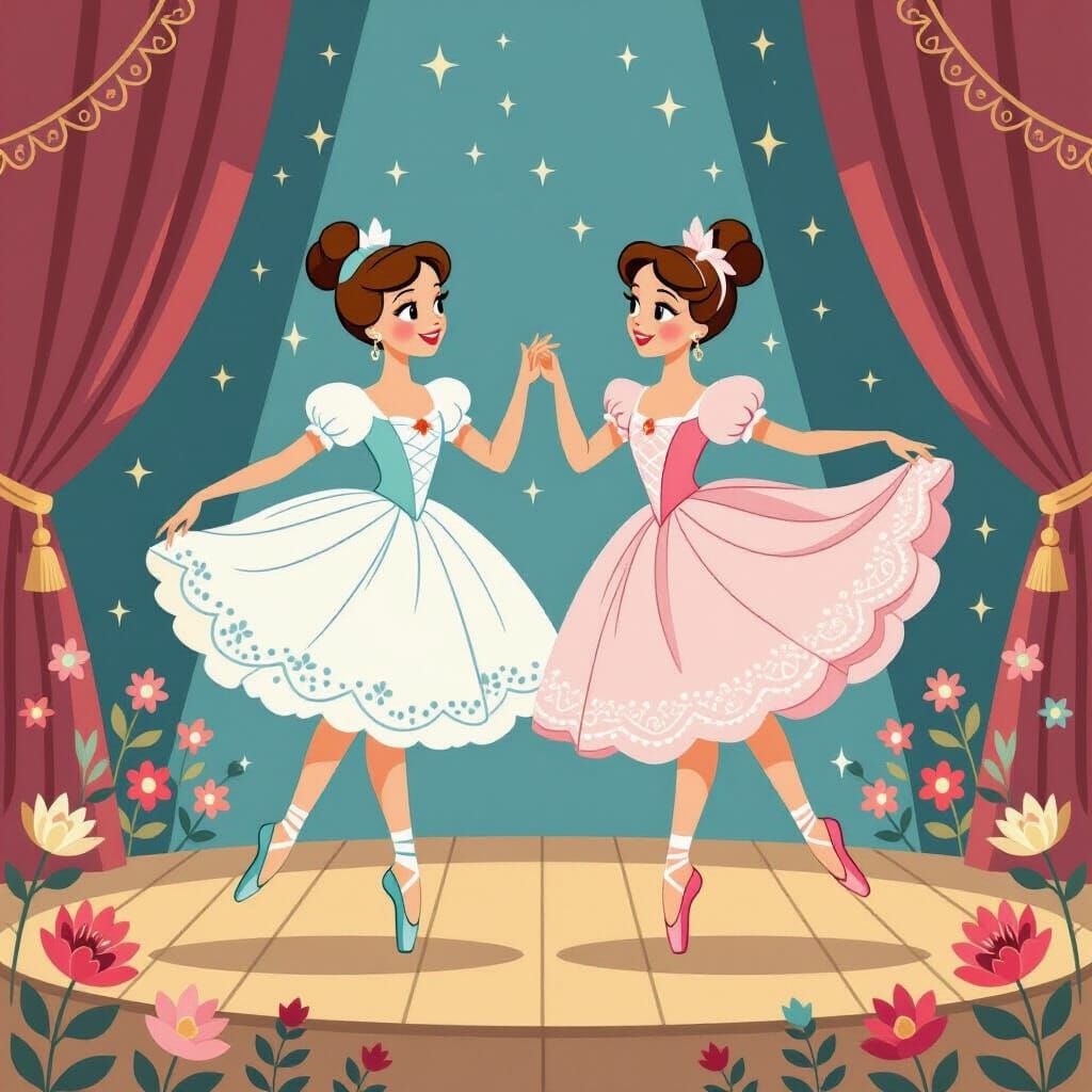 Cartoon Ballerinas on Stage with Zentangle Patterns