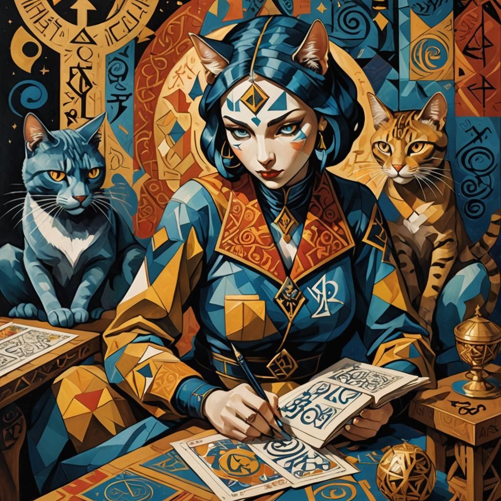 Cubist Cat Girl Tarot Card Design in Digital Art