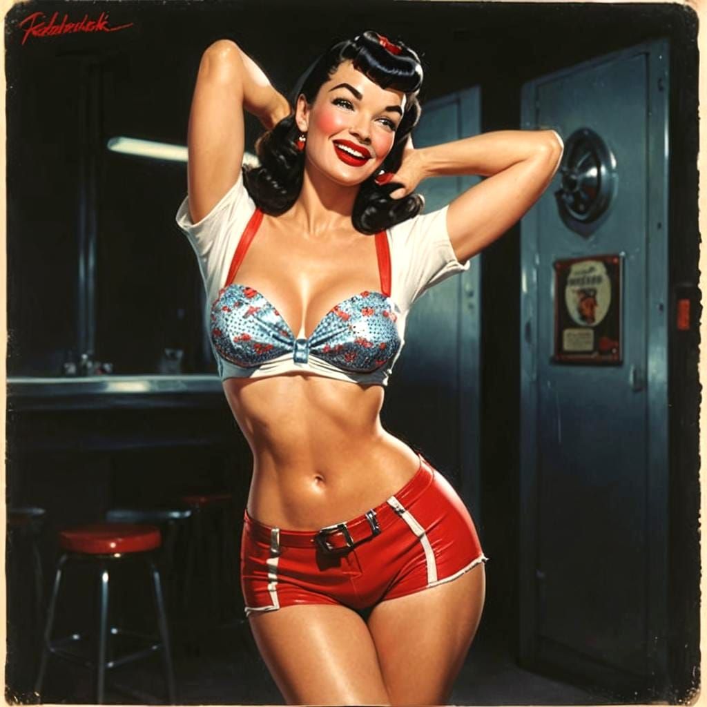 Retro Pinup Girl in Retrofuturistic Sci-Fi Setting