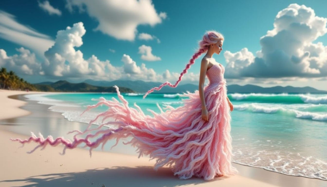 Woman in Pink Fluffy Dress on Beach