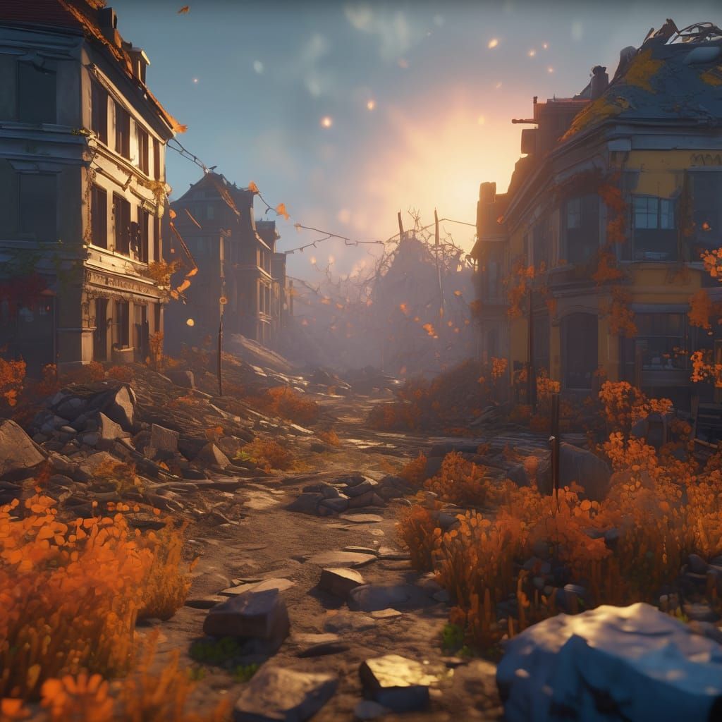 Destroyed Roblox Town in Misty Fantasy Landscape