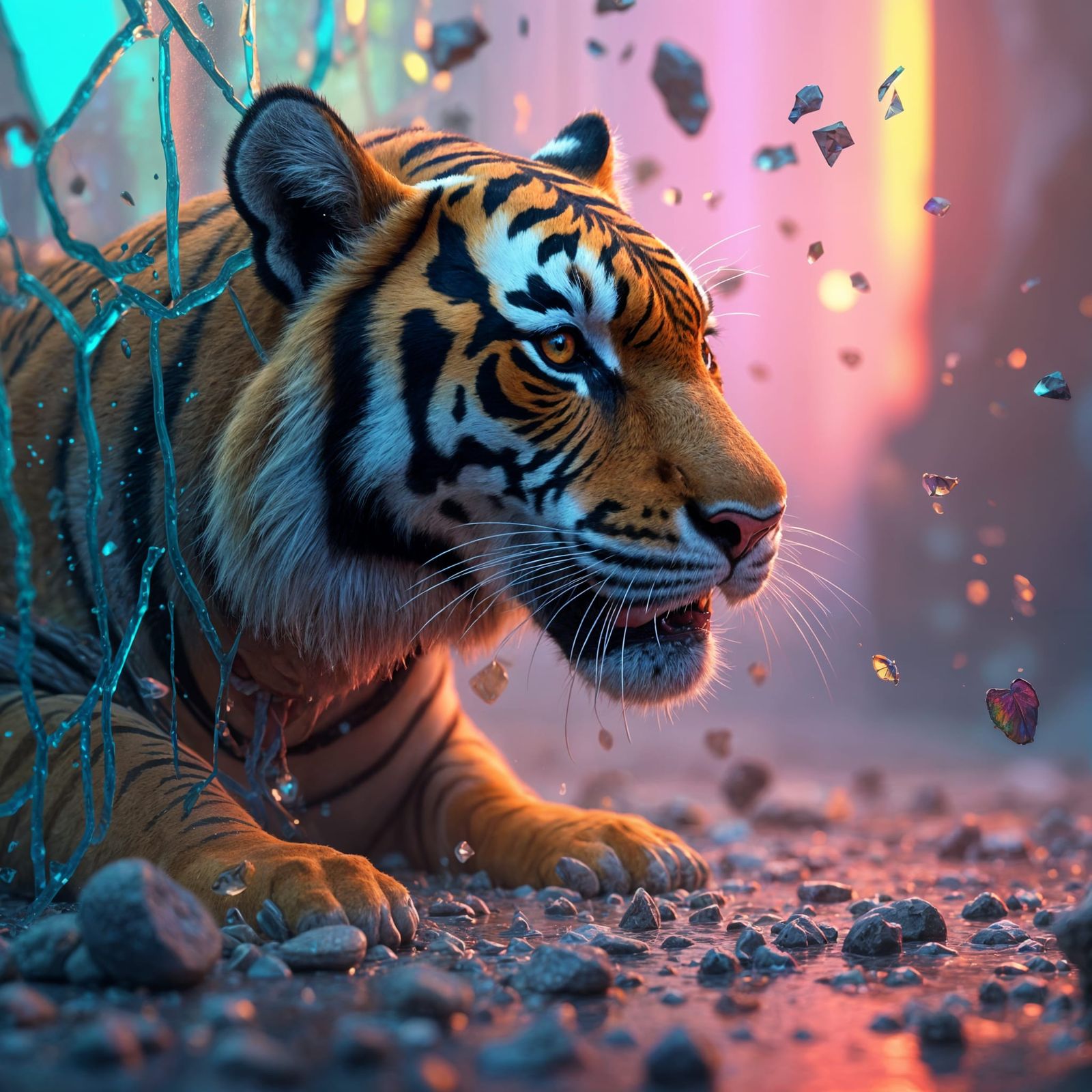 Tiger Shattering Rainbow Glass: 3D Artstation Design