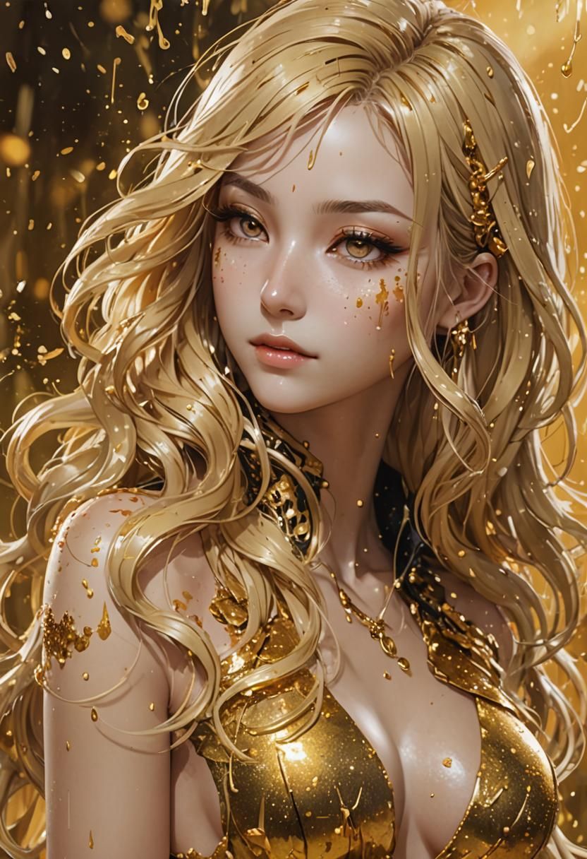 Blonde Woman in Gold: Anime-Inspired 3D Art