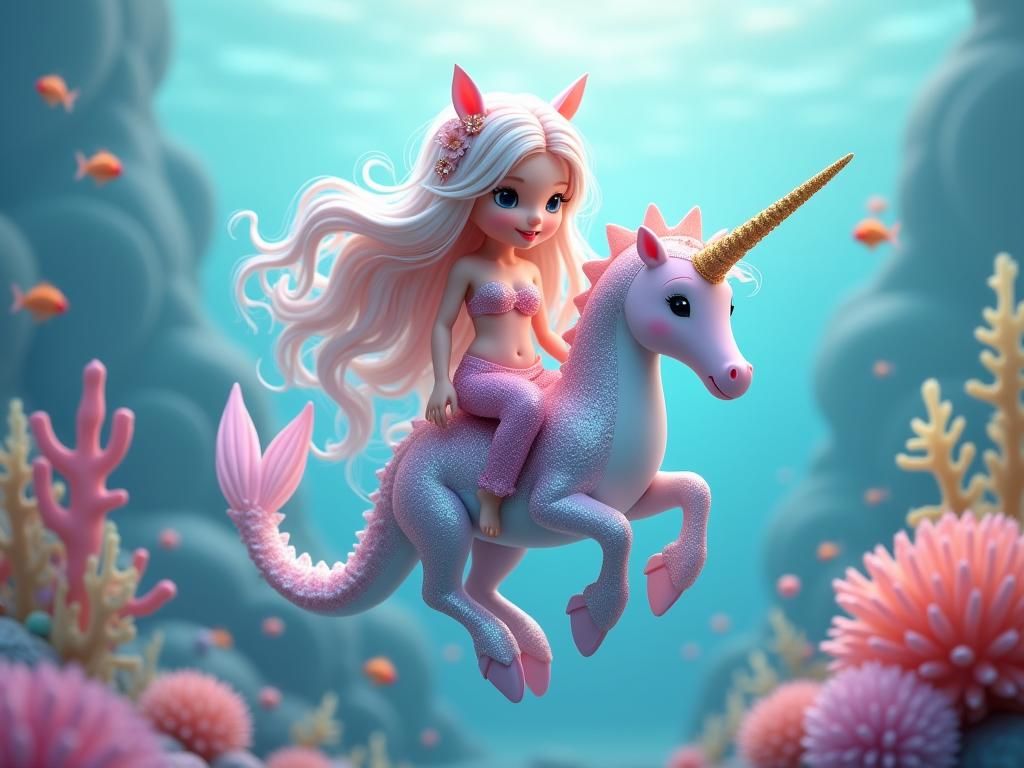 Mermaid Princess Rides Unicorn Seahorse in Kawaii Style
