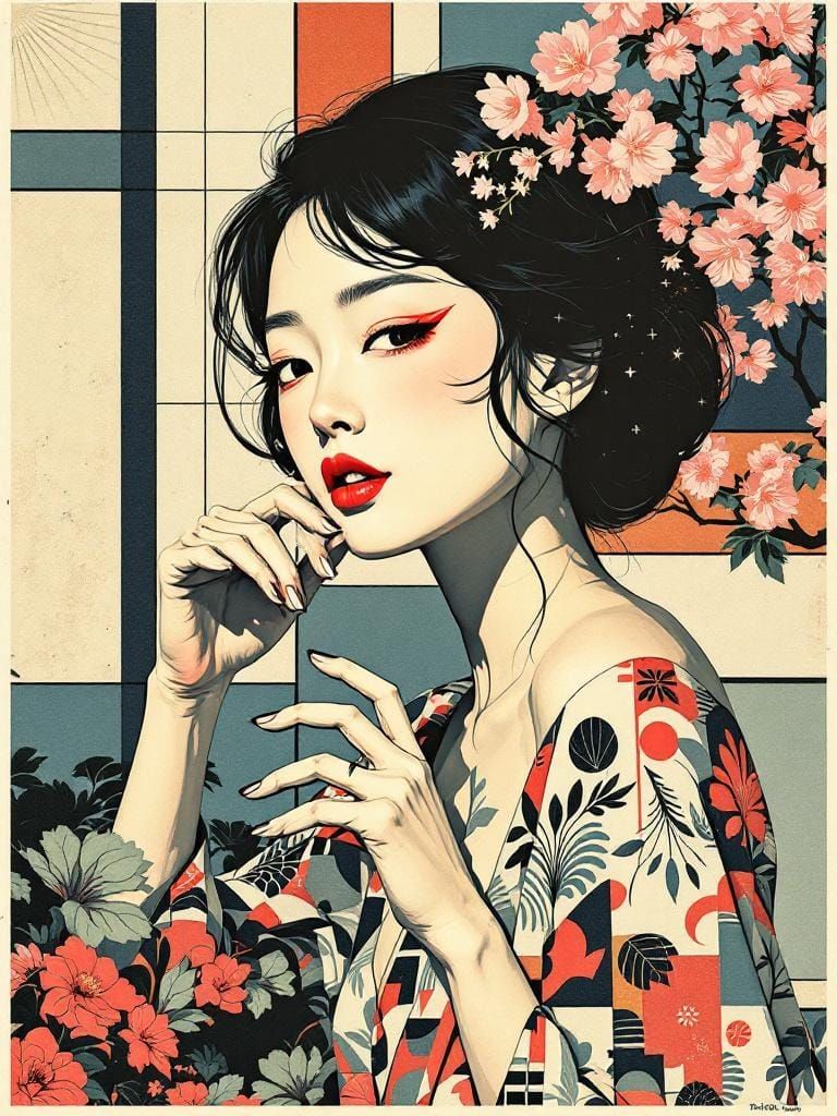 Abstract Asian Figure in Vintage Pin-Up Style