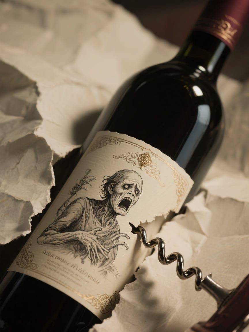 Surreal Wine Label Figure in Corkscrew Danger